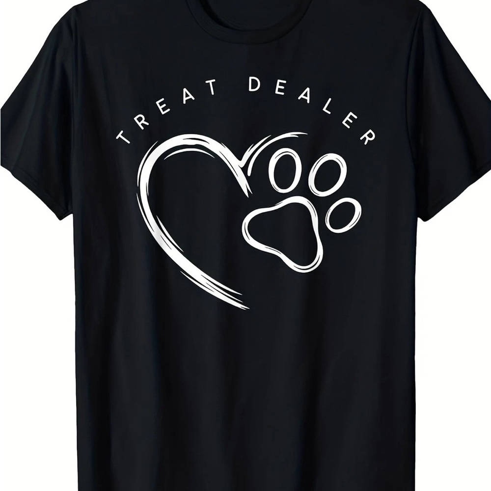 Treat Dealer Black Dog T-Shirt with White Paw Heart Graphic